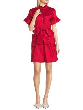 NWT J.Marie Sz S Red Ruffle Pearl Button Belted Shirt Dress Short Sleeves $128